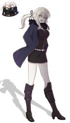  1girl artoria_pendragon_(fate) belt black_dress blonde_hair blue_coat boots breasts coat commentary dress english_commentary fate/grand_order fate_(series) fur-trimmed_coat fur_trim fusion hands_in_pockets high_heel_boots high_heels highres jeanne_d'arc_alter_(fate) jeanne_d'arc_alter_(ver._shinjuku_1999)_(fate) kneehighs large_breasts pen-pen_arts ponytail reference_inset saber_alter saber_alter_(ver._shinjuku_1999) shadow short_dress sidelocks socks solo white_belt yellow_eyes 