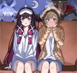  2girls :o alternate_costume animal_ears black_bow black_hair black_hat blue_eyes blue_shorts blush bow bow_hairband bright_pupils brown_hair brown_hairband brown_ribbon buttons cardigan closed_mouth collarbone colored_inner_hair columbina_(genshin_impact) commentary_request couch creature crescent embarrassed eye_mask feet_out_of_frame full-face_blush genshin_impact gradient_hair hair_bow hair_ornament hairband hands_on_own_face hands_up hat hood hoodie indoors kritxeno kuuhenki_(genshin_impact) long_hair long_sleeves looking_at_viewer mask mask_on_head multicolored_hair multiple_girls on_couch open_cardigan open_clothes open_mouth pink_hair pom_pom_(clothes) pom_pom_hair_ornament puffy_long_sleeves puffy_sleeves pulonia_(genshin_impact) ribbon robot sandrone_(genshin_impact) shadow shirt short_hair_with_long_locks shorts sidelocks sitting star_(symbol) steam sweat t-shirt tongue two-tone_hair v-shaped_eyebrows very_long_hair violet_eyes wavy_hair white_hoodie white_mask white_pupils white_shirt x_hair_ornament 
