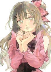  1girl bang_dream! bang_dream!_yumemita black_bow black_bowtie blunt_bangs bow bowtie clothing_cutout frilled_shirt frills gengentan green_eyes hair_bow hair_bun hair_ornament hairclip hands_up heart heart_hands highres jirai_kei long_hair long_sleeves looking_at_viewer mole mole_under_mouth official_alternate_costume own_hands_together pink_bow pink_shirt shirt shoulder_cutout simple_background single_side_bun smile solo upper_body viola_(bang_dream!) white_background x_hair_ornament 