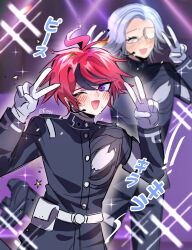  2boys :d absurdres ahoge aotsuki_eito armband belt black_jacket black_streaks blue_eyes blurry blurry_background blush commentary dancing double_v english_commentary felichiii gakuran glasses gloves grey_hair highres hole_in_chest hole_on_body jacket last_defense_academy_school_uniform looking_at_viewer male_focus microphone multicolored_hair multiple_boys one_eye_closed purple_background red_hair school_uniform short_hair sketch smile sparkle streaked_hair sumino_takumi sweat the_hundred_line_-last_defense_academy- two-tone_hair v white_armband white_belt white_gloves 