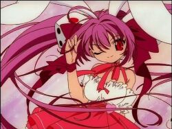  2000s_(style) ;) anime_screenshot bow_choker bow_on_head di_gi_charat dice_hair_ornament hand_behind_back heart_belt_buckle layered_skirt long_hair off_shoulder official_art pink_background pink_bow puffy_short_sleeves puffy_skirt purple_bow purple_hair rabbit_ears rabi_en_rose red_eyes red_skirt ruffles short_sleeves smile strapless_dress tan twintails twirling_hair usada_hikaru waist_up wink wrist_ribbon 