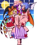  3girls ahoge alice_margatroid blonde_hair blue_hair blush cape clinging crescent dress eichi_yuu fangs flandre_scarlet full_moon hair_ribbon halloween hat kirisame_marisa long_hair long_sleeves mary_janes moon multiple_girls open_mouth patchouli_knowledge pointy_ears purple_hair red_eyes remilia_scarlet ribbon shoes short_hair short_sleeves skirt smile touhou violet_eyes white_legwear wings witch_hat wrist_cuffs 