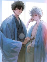  2boys black_hair black_kimono blue_eyes closed_mouth commentary_request cowboy_shot drawstring finger_in_own_ear gintama grey_hair hair_between_eyes highres hijikata_toushirou holding holding_sword holding_weapon japanese_clothes katana kimono lllyuda looking_at_viewer male_focus multiple_boys one_eye_closed parted_lips pom_pom_(clothes) pom_pom_drawstring red_eyes sakata_gintoki short_hair sword weapon window 