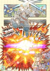  1girl 3boys :3 adelbert_steiner armor ascot battle black_mage_(final_fantasy) blonde_hair blue_ascot blue_coat burmecian chainmail closed_eyes coat damage_numbers explosion final_fantasy final_fantasy_ix freya_crescent gloves green_vest grey_gloves grey_hair grey_pants grey_wrist_cuffs grid_border grin hair_between_eyes hand_on_own_hip hands_on_headwear hat hat_feather helmet highres holding holding_staff holding_sword holding_weapon knight monster morry_kakaka mouse_girl multiple_boys open_mouth pants parted_bangs plate_armor red_coat red_helmet short_hair slit_pupils smile staff striped_clothes striped_pants swinging_weapon sword tabard teeth vest vivi_ornitier weapon white_gloves winged_helmet witch_hat wrist_cuffs yellow_eyes zidane_tribal 