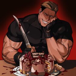  1boy aura birthday_cake black_gloves black_hair black_shirt blonde_hair cake dark_aura english_commentary evil_grin evil_smile fatal_fury fingerless_gloves food gloves grin happy_birthday head_rest highres holding holding_knife knife kodachi looking_at_viewer male_focus multicolored_hair muscular muscular_male pectorals plasticcero99 sanpaku shaded_face shirt short_hair short_sleeves short_sword sitting skin_tight smile solo strawberry_shortcake sword teeth the_king_of_fighters two-tone_hair veins veiny_arms weapon yamazaki_ryuuji 