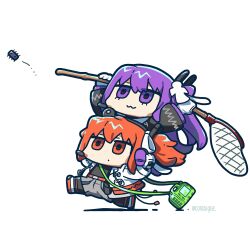  2girls a.i._voice adachi_rei butterfly_net camera carrying chibi chibi_only computer_chip hair_ornament hand_net holding holding_butterfly_net long_hair multiple_girls orange_eyes orange_hair purple_hair reakaki running shoulder_carry simple_background tsukumo_shion utau violet_eyes white_background 