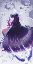  1girl black_hair closed_eyes closed_mouth columbina_(genshin_impact) commentary_request eye_mask from_behind genshin_impact hair_ornament highres kippeijii long_hair long_sidelocks mask multicolored_hair purple_hair sidelocks sitting solo twitter_username very_long_hair wing_hair_ornament 