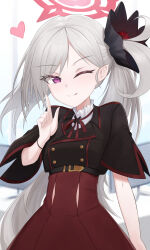  1girl :p ;p belt black_belt black_jacket blue_archive breasts closed_mouth collared_shirt commentary_request cropped_jacket finger_to_mouth grey_hair halo hand_up heart high-waist_skirt high_collar highres indoors jacket light_blush long_hair looking_at_viewer monitor mutsuki_(blue_archive) neck_ribbon one_eye_closed one_side_up parted_bangs pointy_ears red_halo red_ribbon red_skirt red_trim ribbon shirt skirt small_breasts smile solo split_mouth tongue tongue_out upper_body very_long_hair violet_eyes white_shirt wrightia 