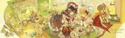  4girls animal_ears apple black_hair bottle bow cake cat cat_ears cat_girl cat_tail cerron_531 character_request commentary copyright_request crown cup dress drill_hair food fork fruit hair_bow highres jar kitchen ladle mini_crown multiple_girls multiple_views noodle_strainer orange_hair oven perspective plate scrunchie strainer table tail untranslatable_commentary white_dress window wrist_scrunchie 