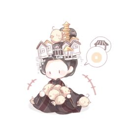 +++ 1girl animal_on_head baby_animal bird bird_on_head black_eyes black_hair black_hanfu blush_stickers chibi chick chinese_clothes chinese_commentary coin commentary_request crown downturned_eyes empress_mingyi_(shining_nikki) forehead gold_coin hair_bun hanfu high_collar holed_coin house interruption_(echo-023) long_sleeves looking_at_animal mandarin_collar nikki_(series) on_head pagoda shadow shining_nikki short_hair simple_background single_hair_bun sitting sleeves_past_fingers sleeves_past_wrists solid_oval_eyes solo spoken_object too_many too_many_birds updo white_background wide_sleeves 