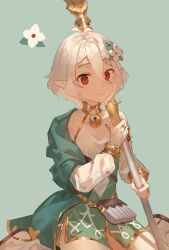  1girl bridal_gauntlets closed_mouth detached_sleeves dress flower green_background hair_flower hair_ornament highres holding holding_polearm holding_weapon jc_(pixiv_66949345) kokkoro_(princess_connect!) looking_at_viewer pointy_ears polearm princess_connect! red_eyes see-through_clothes see-through_sleeves short_dress short_hair sidelocks simple_background single_bare_shoulder sitting sleeveless sleeveless_dress socks solo spear wariza weapon white_hair 