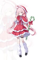  1girl absurdres ahoge alternate_costume belt blue_archive blue_eyes blush candy candy_cane capelet commentary_request dlrkdals070707 dress food full_body fur-trimmed_capelet fur-trimmed_dress fur-trimmed_headwear fur_trim hair_between_eyes hair_bobbles hair_ornament halo highres holding holding_candy holding_candy_cane holding_food hoshino_(blue_archive) korean_commentary long_hair looking_at_viewer loose_socks low_twintails one_eye_closed pink_hair pink_halo red_capelet red_dress rubbing_eyes santa_costume santa_dress socks solo thigh_belt thigh_strap twintails zoom_layer 