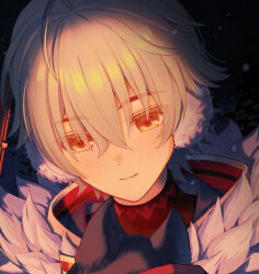  1boy alyosha_(genshin_impact) animal animal_ears artist_name black_fur blush cape closed_mouth commentary_request dog dog_ears earmuffs eyelashes fur-trimmed_cape fur_trim genshin_impact gloves green_hair hair_between_eyes hood hooded_cape husky looking_down male_focus mojuke mountain night outdoors red_eyes red_gloves red_shirt shirt short_hair smile snow snowing solo turtleneck turtleneck_shirt unfinished white_cape winter 
