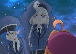  3girls absurdres ahoge akechi_anna antenna_hair blue_hair breasts cigarette gloves grey_hair hair_intakes hair_ornament hat highres holding howa_kurea ichishirokun long_hair looking_at_another meitantei_precure! moria_luluka multiple_girls necktie night orange_hair police police_hat police_uniform policewoman precure shirt smoke smoking upper_body violet_eyes yellow_eyes 