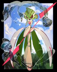  3others absurdres armor blue_sky clouds gallade gardevoir grass highres holding holding_weapon iron_valiant joints kyumennu multiple_others pokemon pokemon_(creature) red_eyes robot robot_joints sky sparkle waist_cape weapon white_armor 