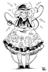  1girl :d blush commentary dated disembodied_linked_eye floral_print floral_print_skirt full_body greyscale hat heart highres kokechankokko komeiji_koishi long_sleeves medium_hair monochrome narrowed_eyes open_mouth petticoat print_skirt rose_print shirt shoes sketch skirt sleeves_past_fingers sleeves_past_wrists smile socks solo striped_clothes striped_socks touhou white_background 