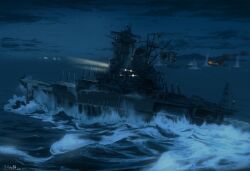  alternate_universe battle battleship buke_the_lun clouds cloudy_sky commentary_request fire guadalcanal_campaign highres imperial_japanese_navy mast military_vehicle naval_battle night original rising_sun_flag searchlight ship ship_turret sky smoke smokestack sunburst wake_(wave) warship watercraft yamato_(battleship) 