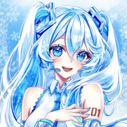  absurdres aqua_eyes aqua_hair aqua_nails aqua_necktie detached_sleeves hatsune_miku headset highres jyuunankyuu long_hair necktie number_tattoo shirt snowflake_print snowflakes tattoo twintails vocaloid white_shirt yuki_miku 