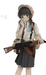  1girl absurdres ak-74 aks-74 assault_rifle attamaf866 bayonet blunt_bangs brown_eyes collar gun gun_sling helmet highres holding holding_gun holding_weapon kalashnikov_rifle load-bearing_vest open_mouth original pleated_skirt print_headwear rifle scabbard sheath shirt short_twintails skirt sleeves_rolled_up socks solo solo_focus suspenders towel towel_around_neck translation_request twintails weapon white_background white_collar white_shirt white_socks wiping_face 