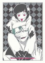  +++ 2boys :p anger_vein black_hair bleach bleach:_sennen_kessen-hen blue_eyes blue_hair blunt_bangs border carrying checkered_background commentary_request downturned_eyes fangs full_body grimmjow_jaegerjaquez hair_between_eyes hakama ikuno_taso japanese_clothes looking_at_viewer looking_down luppi_antenor male_focus middle_finger multiple_boys open_mouth red_eyes short_hair shoulder_carry simple_background sleeves_past_fingers sleeves_past_wrists spiky_hair stitched_face stitches teeth tongue tongue_out upper_body v-shaped_eyebrows white_border white_hakama 