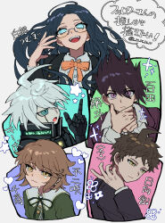  1girl 4boys absurdres ahoge android armor black_jacket blue_eyes blue_hair bow bowtie brown_eyes brown_hair collared_jacket collared_shirt commentary_request crossdressing crossdressing_(mtf) danganronpa:_trigger_happy_havoc danganronpa_(series) danganronpa_2:_goodbye_despair danganronpa_v3:_killing_harmony facial_hair fujisaki_chihiro glasses glowing glowing_eyes goatee hair_between_eyes hand_on_own_chin hand_up heart highres hinata_hajime jacket k1-b0 long_hair long_sleeves looking_at_viewer momota_kaito multiple_boys neck_ribbon open_clothes open_mouth orange_bow orange_bowtie orange_ribbon oteage power_armor purple_facial_hair purple_hair ribbon round_eyewear school_uniform shirogane_tsumugi shirt short_hair simple_background smile spiky_hair star_(symbol) tears teeth trap upper_body upper_teeth_only violet_eyes white_background white_hair white_shirt 