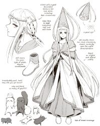  1girl absurdres belt boots brushbuddy cloak commentary conical_hat dress english_commentary english_text expressionless full_body greyscale hair_tie hat head_wreath highres long_dress long_hair monochrome multiple_views ponytail portrait richeh_(tongari_boushi_no_atelier) star_(symbol) tassel tongari_boushi_no_atelier twintails welfshr white_background wizard_hat 