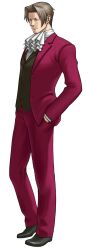  1boy absurdres ace_attorney ascot black_shoes black_vest brown_hair commentary curtained_hair edaki_shin'ya english_commentary formal_clothes full_body grey_hair hair_intakes hand_in_pocket highres jacket long_sleeves male_focus miles_edgeworth official_art pants parted_bangs phoenix_wright:_ace_attorney_-_justice_for_all red_pants red_suit shoes simple_background solo standing suit third-party_source transparent_background vest 