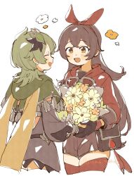  2girls amber_(genshin_impact) artist_name bag black_gloves blush bouquet bow_hairband brown-framed_eyewear brown_bag brown_dress brown_hair brown_shorts brown_sleeves cape capelet closed_eyes collei_(genshin_impact) commentary_request cowboy_shot crossed_bangs detached_sleeves dress flower from_behind gem genshin_impact gloves goggles goggles_around_neck green_capelet green_gem green_hair hair_between_eyes hair_ornament hairband highres holding holding_bouquet hood hooded_jacket jacket long_hair long_sleeves looking_at_another medium_hair multiple_girls nanase_(nanataroo_7) open_mouth orange_flower puffy_detached_sleeves puffy_long_sleeves puffy_sleeves red_gem red_hairband red_jacket red_ribbon red_thighhighs ribbon shorts simple_background smile sparkle standing tassel thick_thighs thigh-highs thighs very_long_hair wavy_hair white_background white_flower yellow_cape yellow_eyes yellow_flower 