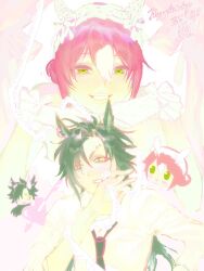  2girls air_shakur_(umamusume) alternate_costume animal_ears arrow_through_heart asymmetrical_bangs bags_under_eyes bare_shoulders blush bow bride cake clenched_teeth collared_shirt commentary crossdressing crossdressing_(ftm) curtains dated dress ear_bow ear_covers english_commentary face_piercing fine_motion_(umamusume) flustered food forehead_piercing frilled_gloves frills furrowed_brow gift_art gloves green_eyes green_hair grin groom hair_between_eyes hairband hand_on_own_cheek hand_on_own_face happy_birthday head_on_head head_only head_rest highres holding horse_ears lace lace_hairband light_blush lips long_hair long_hair_between_eyes long_sleeves multicolored_hair multiple_girls multiple_views nomyon83 piercing shirt smile strapless strapless_dress streaked_hair teeth thick_eyebrows umamusume upper_body v-shaped_eyebrows very_long_hair wedding_dress white_background white_bow white_dress white_gloves white_hairband white_shirt wrist_bow yuri 