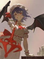  1girl ascot bat_wings blue_hair brooch collared_shirt cup frilled_shirt_collar frilled_wrist_cuffs frills grin hat hat_ribbon highres holding holding_polearm holding_weapon jewelry looking_at_viewer mob_cap phyordi_9y9 polearm puffy_short_sleeves puffy_sleeves red_ascot red_eyes red_nails red_wrist_cuffs remilia_scarlet ribbon shirt short_sleeves skirt skirt_set smile solo spear spear_the_gungnir teacup teapot touhou twitter_username weapon white_hat white_shirt white_skirt wings wrist_cuffs 