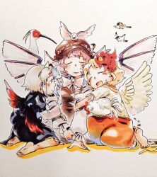  3girls :d animal_ears animal_on_head arm_hug baby_animal barefoot bird bird_ears bird_hat bird_on_head bird_on_lap black_dress blonde_hair blush brooch brown_dress brown_hat chick chicken closed_eyes commentary crested_ibis dress feathered_wings flying grey_hair hat head_wings horns jewelry kokechankokko long_sleeves multicolored_hair multiple_girls mystia_lorelei niwatari_kutaka on_head open_mouth orange_skirt parted_lips pink_hair profile red_eyes red_hair red_wings shirt short_hair skirt smile sparrow tokiko_(touhou) touhou traditional_media two-tone_hair white_background white_shirt wings 