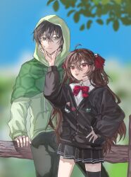  1boy 1girl ahoge badge black_cardigan black_hair black_pants black_skirt blue_sky blurry bow bowtie brown_hair button_badge capelet cardigan closed_mouth collared_shirt commentary cowboy_shot depth_of_field dress_shirt eananaia evil_neuro-sama evil_neuro-sama_(1st_costume) fence from_side green_capelet green_eyes green_hoodie hair_between_eyes hair_ornament hair_ribbon hand_on_another's_cheek hand_on_another's_face highres hood hood_up hoodie long_hair long_sleeves looking_at_viewer miniskirt outdoors pants pleated_skirt red_bow red_bowtie red_eyes red_ribbon ribbon shirt short_hair single_thighhigh sitting skirt skull_hair_ornament sky sweatdrop thigh-highs tongue tongue_out torn_hair_ribbon tree two_side_up untranslatable_commentary vedal987 vedal_ai virtual_youtuber white_shirt 
