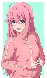  1girl aqua_background artist_name blue_eyes bocchi_the_rock! border commentary_request gotoh_hitori hair_between_eyes highres jacket long_hair long_sleeves looking_at_viewer nervous one_side_up open_mouth outside_border pink_hair pink_jacket pink_track_suit sidelocks simple_background sleeves_past_wrists solo track_jacket track_suit trembling upper_body usagihop white_border 