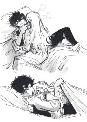  2girls aged_up agott_arklaum_(tongari_boushi_no_atelier) alternate_costume angry belt blanket blush cheek_pinching coco_(tongari_boushi_no_atelier) commentary cuddling curly_hair dress facing_another fingerless_gloves full_body glasses gloves greyscale hand_on_another's_head hand_on_another's_shoulder highres holding holding_blanket hug kiss kissing_forehead long_dress long_hair long_sleeves looking_at_another lying lying_on_person monochrome multiple_girls on_bed pants pillow pinching pout ppyuuingles scar scar_on_face shirt short_hair sleeves_rolled_up smile smirk tongari_boushi_no_atelier untranslatable_commentary white_background yuri 