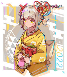  1girl 2022 blonde_hair blush border bright_pupils closed_mouth commentary_request cropped_torso fang fang_out flower grey_background hair_bun hair_flower hair_ornament hair_ribbon happy_new_year highres japanese_clothes jitome kimono long_sleeves looking_at_viewer new_year obi original outside_border red_ribbon ribbon sash short_hair sidelocks single_hair_bun skin_fang solo tetenka white_border white_pupils white_sash wide_sleeves yellow_eyes yellow_kimono 