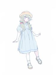  1girl :o aged_down alternate_costume blue_dress blush bow child dress green_hair hair_bow hair_flaps hat highres kusanagi_nene long_hair looking_at_viewer low_twintails mary_janes parted_lips project_sekai puffy_short_sleeves puffy_sleeves red_bow shoes short_sleeves simple_background socks solo standing standing_on_one_leg twintails violet_eyes white_045 white_background white_socks yellow_hat 