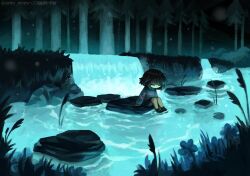  1other androgynous arito_meew blue_sweater brown_hair closed_eyes flower forest frisk_(undertale) glowing grass highres lily_pad long_sleeves nature night other_focus outdoors rock shirt short_hair shorts sitting striped_clothes striped_sweater sweater tree undertale utdr_(toby_fox) water 
