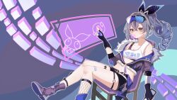  1girl absurdres baixiaxiaxiaxia_(user_uaxz5473) bandaid bandaid_on_knee bandaid_on_leg black_gloves black_shorts chewing_gum commentary_request drill_hair eyewear_on_head fingerless_gloves fishnets gloves grey_eyes grey_hair highres holding holding_phone holographic_interface homu_(honkai_impact) honkai:_star_rail honkai_(series) honkai_impact_3rd jacket long_hair looking_at_viewer midriff phone purple_jacket shorts silver_wolf_(honkai:_star_rail) solo 