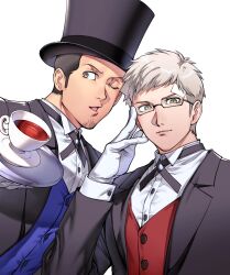  2boys absurdres adjusting_eyewear bandaid bandaid_on_face bandaid_on_forehead bespectacled black_hair black_hat black_jacket blue_vest brown_eyes butler closed_mouth commentary_request cross_tie cup facial_hair formal_clothes glasses gloves goatee_stubble grey_hair hat highres holding holding_tray iori_junpei jacket long_sleeves looking_at_viewer male_focus multiple_boys official_alternate_costume oldkin one_eye_closed open_mouth persona persona_3 red_vest sanada_akihiko semi-rimless_eyewear shirt short_hair simple_background stubble tea teacup top_hat tray vest waistcoat white_background white_gloves white_shirt wingtip_collar 