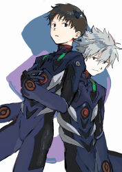  2boys absurdres black_hair blue_eyes closed_mouth commentary_request grey_hair hair_between_eyes highres ikari_shinji light_smile looking_at_viewer male_focus mecha_pilot_suit multiple_boys nagisa_kaworu neon_genesis_evangelion plugsuit_(evangelion) rebuild_of_evangelion red_eyes short_hair simple_background takuanoisi white_background 