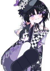  1girl absurdres aoiro7216 bare_shoulders black_hair black_hat black_kimono black_shoes bow butterfly_hair_ornament butterfly_hat_ornament butterfly_print_kimono checkered_sleeves commentary_request dress floral_print floral_print_kimono flower frilled_sleeves frills from_below furisode hair_ornament hat hat_flower hat_ornament highres housho_margo japanese_clothes kimono lolita_fashion long_sleeves looking_at_viewer mahou_shoujo_no_majo_saiban neck_ribbon off-shoulder_dress off_shoulder print_kimono ribbon shoes short_hair simple_background smile solo teeth top_hat violet_eyes wa_lolita white_background wide_sleeves 