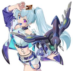  1girl animal arm_above_head belt_pouch bird blue_choker blue_eyes blue_jacket blue_nails blue_tongue card choker colored_tongue crop_top earrings genmu_kumotori heart heart_earrings heterochromia holding holding_animal holding_bird holding_card indie_virtual_youtuber jacket jewelry lunapont ponytail pouch purple_bird shirt shorts sleeveless sleeveless_shirt smile violet_eyes virtual_youtuber white_hair white_shorts yu-gi-oh! 