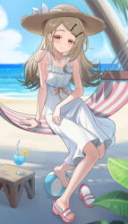  1girl absurdres ball beach beachball blonde_hair blue_sky chinese_commentary closed_mouth clouds colored_eyelashes commentary_request cup day dress drink drinking_glass flipped_hair full_body gakuen_idolmaster hair_ornament hairclip hammock hat highres idolmaster jewelry junsanholo long_hair looking_at_viewer necklace on_hammock orange_eyes outdoors parallel_hairclips sandals shinosawa_hiro single_bare_foot sitting sky slides smile solo stool straw_hat sun_hat sundress water white_dress 
