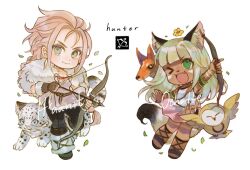  2girls :d akala_(octopath_traveler) animal animal_ear_fluff animal_ears animal_nose aubz bird black_pants black_sclera boots bow_(weapon) chibi colored_sclera commentary dark-skinned_female dark_skin english_commentary english_text falling_leaves fang fox full_body fur_boots green_eyes h'aanit_(octopath_traveler) holding holding_bow_(weapon) holding_weapon leaf linde_(octopath_traveler) mahina_(octopath_traveler) multiple_girls ochette_(octopath_traveler) octopath_traveler octopath_traveler_i octopath_traveler_ii one_eye_closed owl pants pink_hair simple_background smile snow_leopard standing tail trait_connection weapon white_background yellow_eyes 