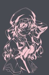  1girl arm_belt bad_source blood_tune blush chaos;head collared_dress detached_sleeves dress hat highres long_hair looking_at_viewer monochrome necktie open_mouth reboacatt science_adventure seira_orgel short_dress solo very_long_hair white_hat 