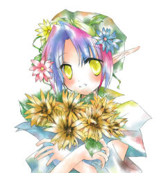  1girl 2000s_(style) blue_flower blue_hair blue_shirt blush bouquet commentary_request curtained_hair flower green_headscarf hair_flower hair_ornament headscarf holding holding_bouquet holding_flower looking_at_viewer mikoru multicolored_hair open_mouth original painting_(medium) pink_flower pointy_ears purple_hair shirt short_hair short_sleeves simple_background solo sunflower traditional_media two-tone_hair upper_body watercolor_(medium) white_background yellow_eyes yellow_flower 