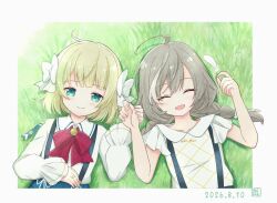  2girls :d ^_^ ahoge aqua_eyes artist_name assault_lily blonde_hair blue_skirt blush border bow bowtie braid closed_eyes closed_mouth clothes_writing collared_shirt commentary_request dated day esaka_shizuku facing_viewer feathers frilled_sleeves frills grass grey_border grey_hair hair_bow hand_on_own_stomach hands_up herensuge_girls_academy_school_uniform holding holding_feather holding_hands inoguchi_minto jewelry long_hair long_sleeves looking_at_viewer low_twin_braids low_twintails lying multiple_girls official_alternate_costume official_alternate_hairstyle on_back on_ground outdoors outside_border red_bow red_bowtie ring sasaki_ran school_uniform shadow shirt short_hair short_sleeves side-by-side skirt smile suspender_skirt suspenders twin_braids twintails upper_body white_bow white_feathers white_shirt wide_sleeves 