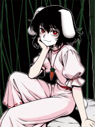  1girl :3 animal_ears bamboo bamboo_forest black_hair carrot_necklace closed_mouth commentary_request dress english_commentary floppy_ears forest head_rest highres inaba_tewi jewelry looking_at_viewer mixed-language_commentary nature necklace pendant pink_dress puffy_short_sleeves puffy_sleeves rabbit_ears rabbit_girl rabbit_tail red_eyes ribbon-trimmed_dress ribbon-trimmed_sleeves ribbon_trim rock ryoan_(voyagehermitage) short_sleeves sitting smile solo tail touhou 