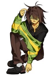  0916psy 1other absurdres androgynous black_vest brown_hair brown_pants brown_shoes clothes_lift commentary_request deltarune hair_between_eyes highres korean_commentary kris_(deltarune) long_sleeves looking_at_viewer messy_hair open_mouth other_focus pants pointing pointing_at_self shaded_face shoes short_hair simple_background striped_clothes striped_sweater striped_sweater_vest sweater tag tongue tongue_out utdr_(toby_fox) vest white_background 
