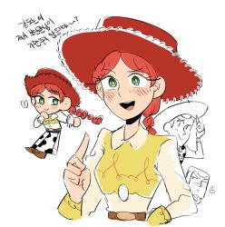  1girl animal_print animification braid brown_hair buzz_lightyear cow_print cowboy cowboy_hat green_eyes hat jessie_the_yodeling_cowgirl long_hair long_sleeves nhbzzdy open_mouth personification red_hair sheriff_woody short_hair simple_background smile toy_story toy_story_2 vest 